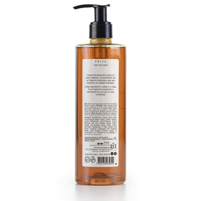 Prija Vitalizing Shower Gel & Shampoo with Ginseng (12.84 fl oz) - Toning and Revitalizing - Vegan Friendly - Dermatologically Tested - Made with 100% Recycled Bottle - Image 2